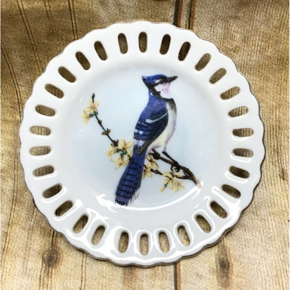 Vintage Collector's Plate Blue Bird Gold Trim Lace Edge Floral 4"
